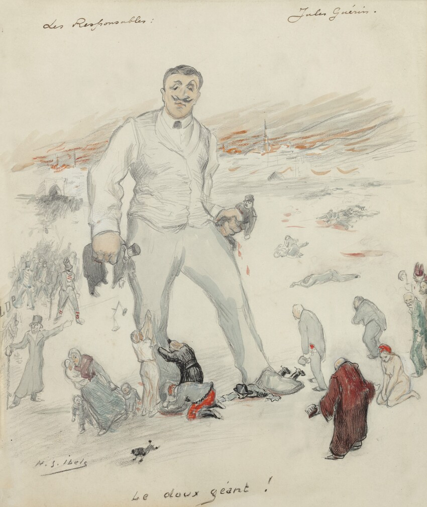 H. G. Ibels, Le Doux géant, Jules Guérin dans la série « Les responsables », étude pour Le Sifflet, numéro du 18 novembre 1898, crayon et aquarelle sur papier, 29,5 × 25,5 cm ©Michiel Elsevier Stokmans